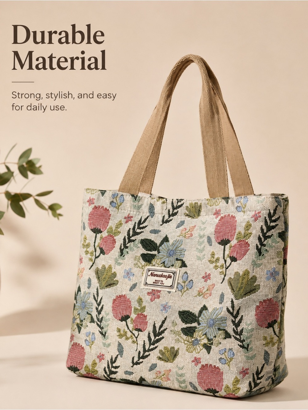 Floral Canvas Tote Bag with Tan Handles